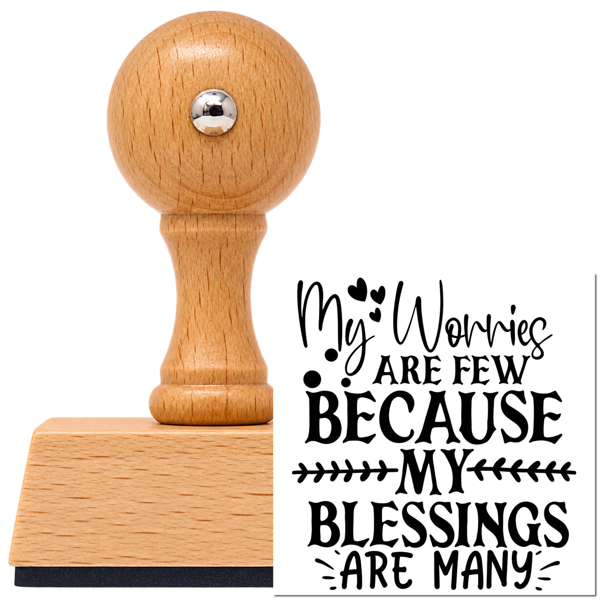 Vintage Pro beech wood stamp with a round knob handle, shown with its black Worries Few Blessings Many imprint on white.