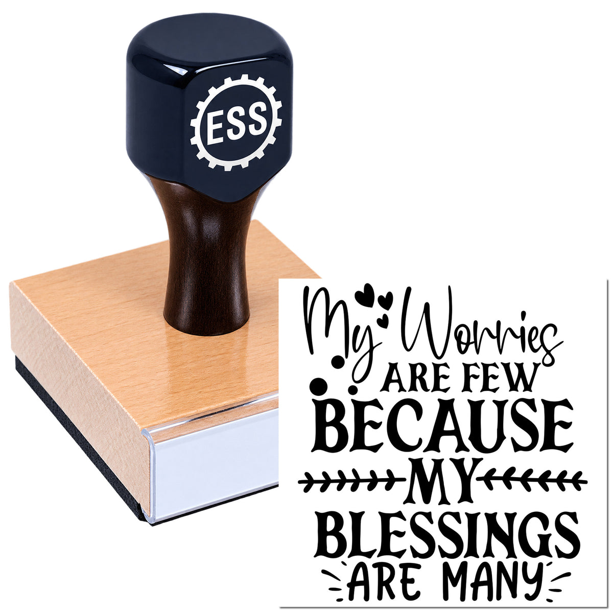 Custom stamp and seal with navy handle, tan base, and black "My worries are few..." business design.