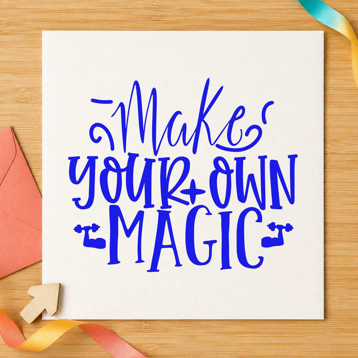 Make Your Own Magic craft stamp in blue ink on cardstock, an easy option for table drape printing.