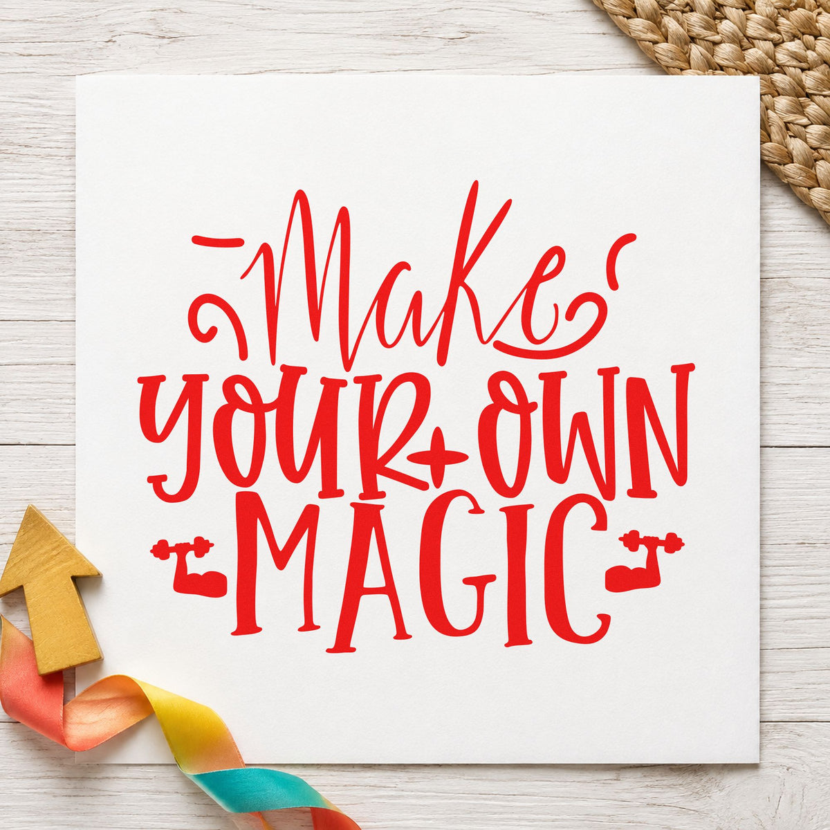Make Your Own Magic rubber stamp shown in red ink, stamped for projects such as case prop labels.