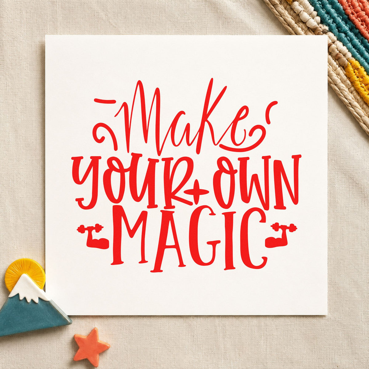 Make Your Own Magic craft stamp imprint in red ink on a handmade project, one idea being volunteer slip cards.