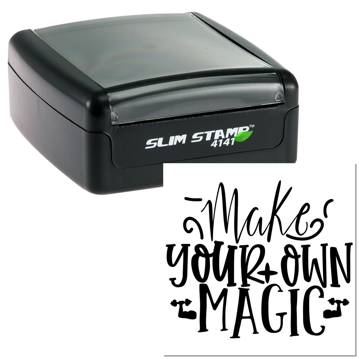 Black self-inking stamp seal with clear cover, labeled Slim Stamp 4141, displaying Make your own magic in bold black text.