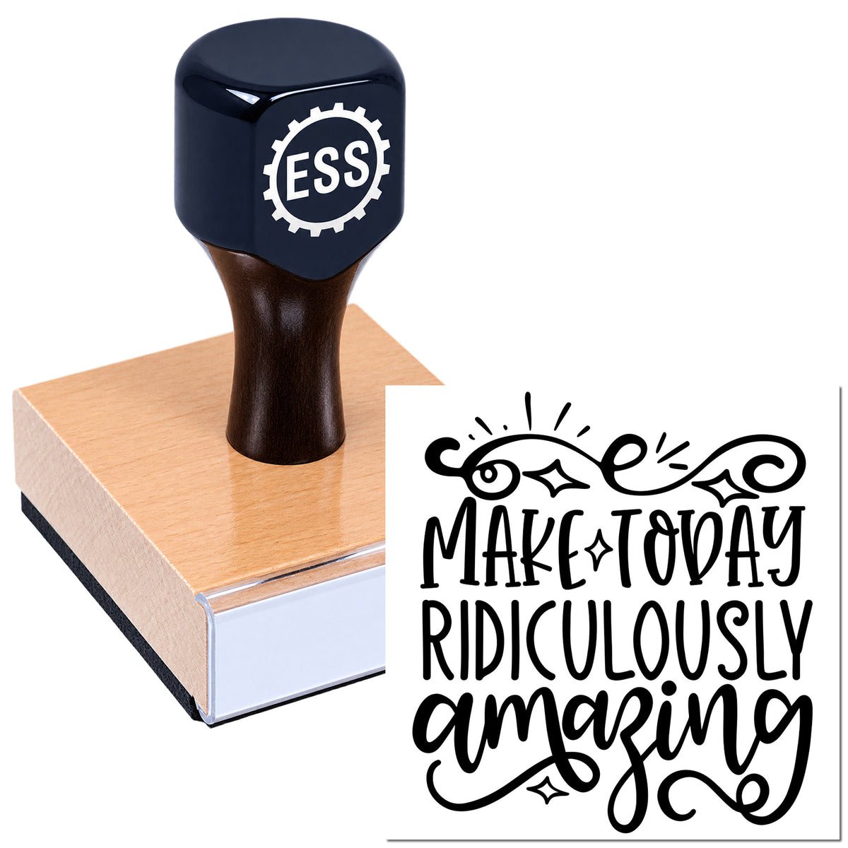 Dark navy ESS stamp with rose-colored base, creating a black decorative seal reading "Make today ridiculously amazing."