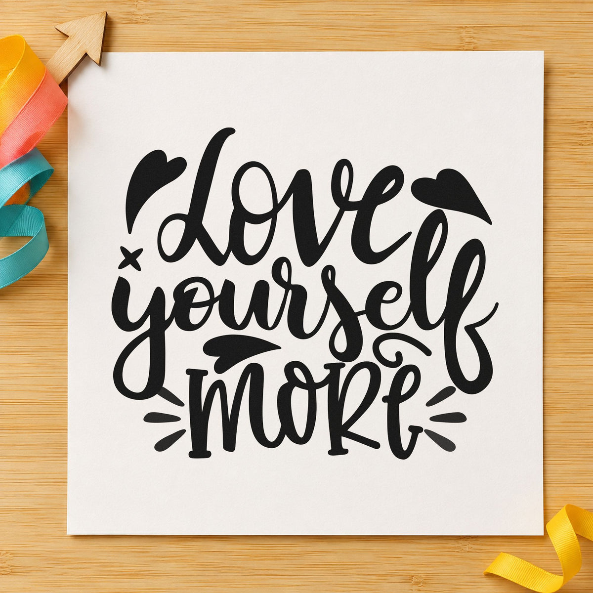 Love Yourself More Hearts rubber stamp printed in black ink, ready for class book sheet and similar paper crafts.
