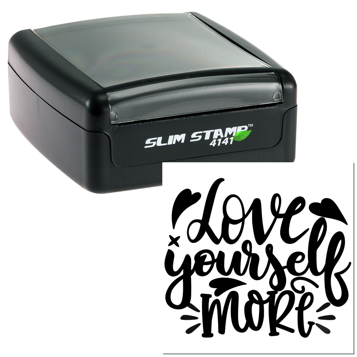 Black Slim Stamp 4141 self-inking stamp and seal with bold black love yourself more design.