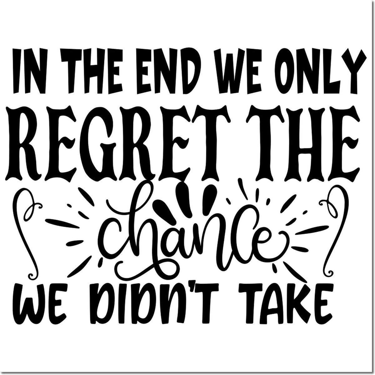 Black decorative stamp seal with quote, In the end we only regret the chance we didnt take, in black on white background.