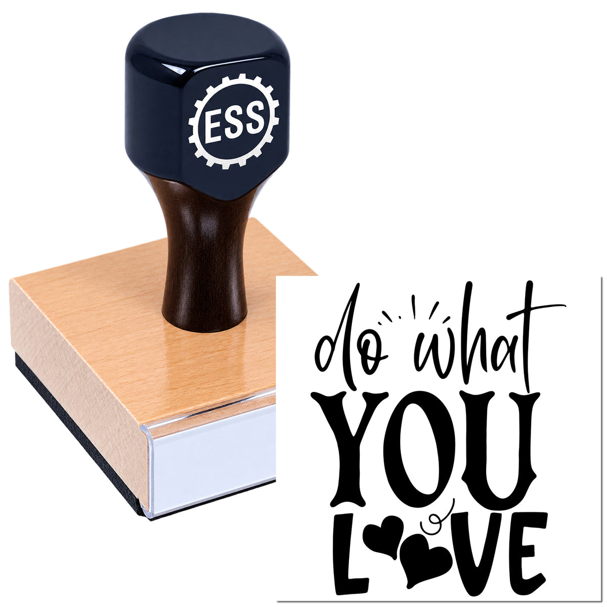 Black ESS self-inking stamp and seal product with copper base and "do what you love" text in black.