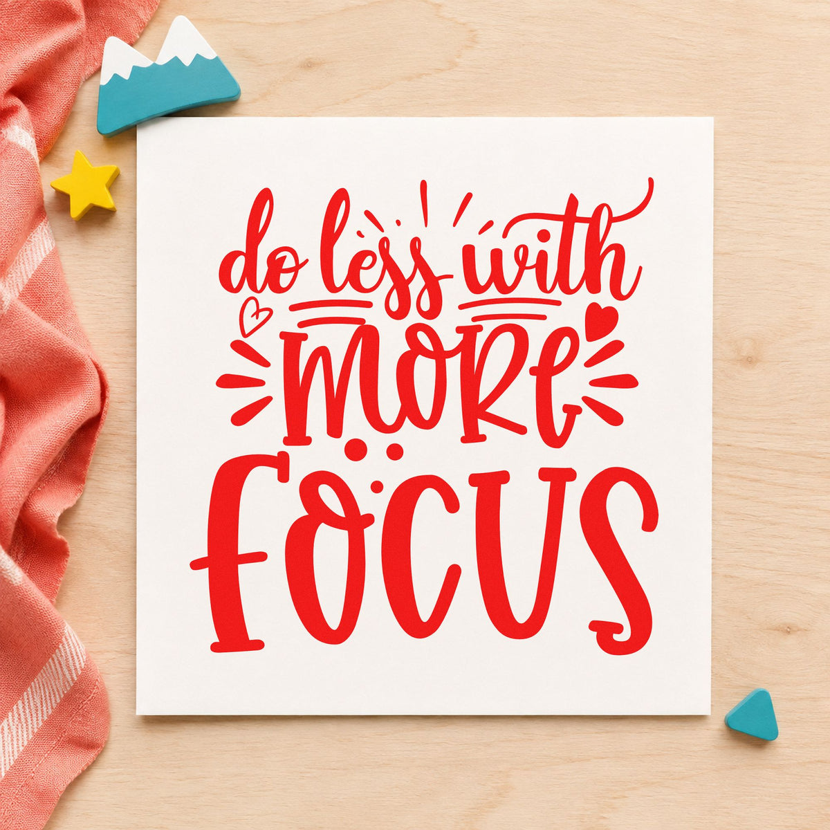 Do Less With More Focus rubber stamp shown in red ink, stamped for projects such as drawer client labels.
