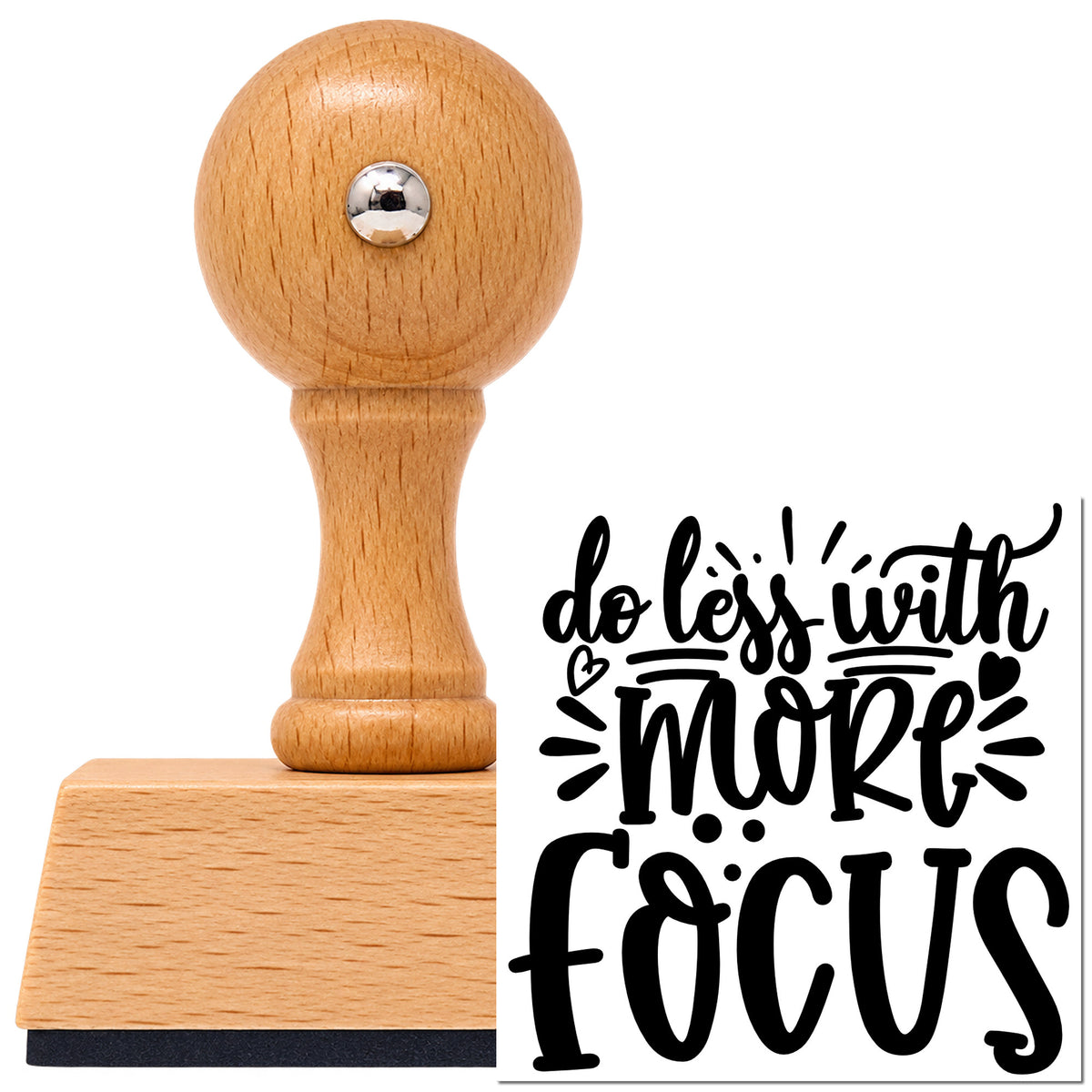 Vintage Pro beech wood stamp with a round knob handle, shown with its black Do Less With More Focus imprint on white.