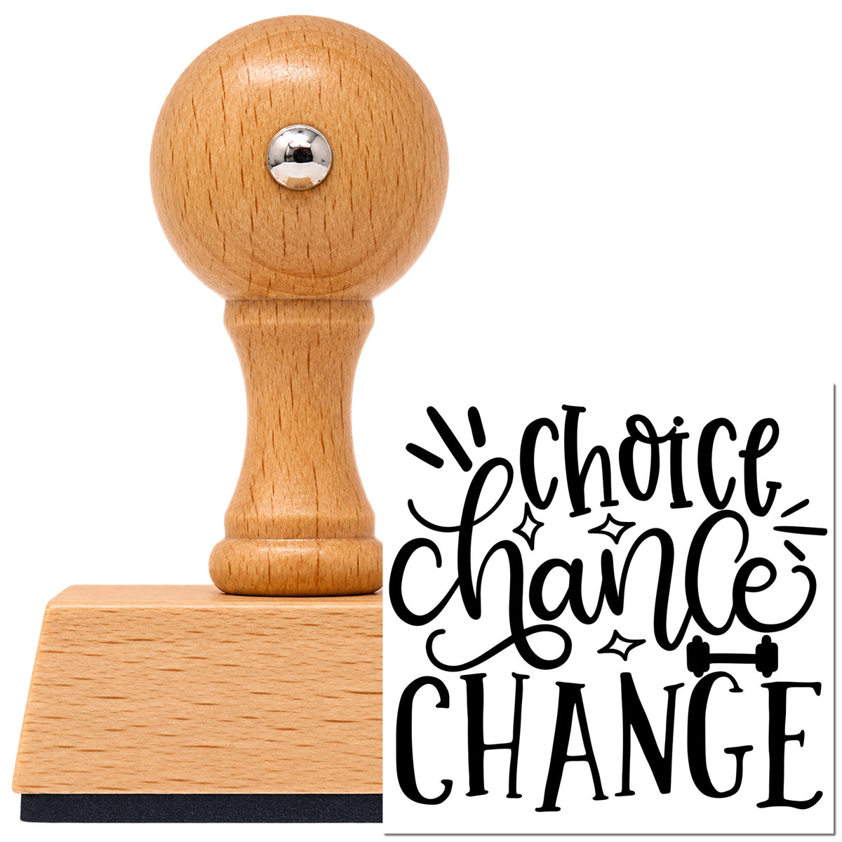 Vintage Pro beech wood stamp with a round knob handle, shown with its black Choice Chance Change imprint on white.