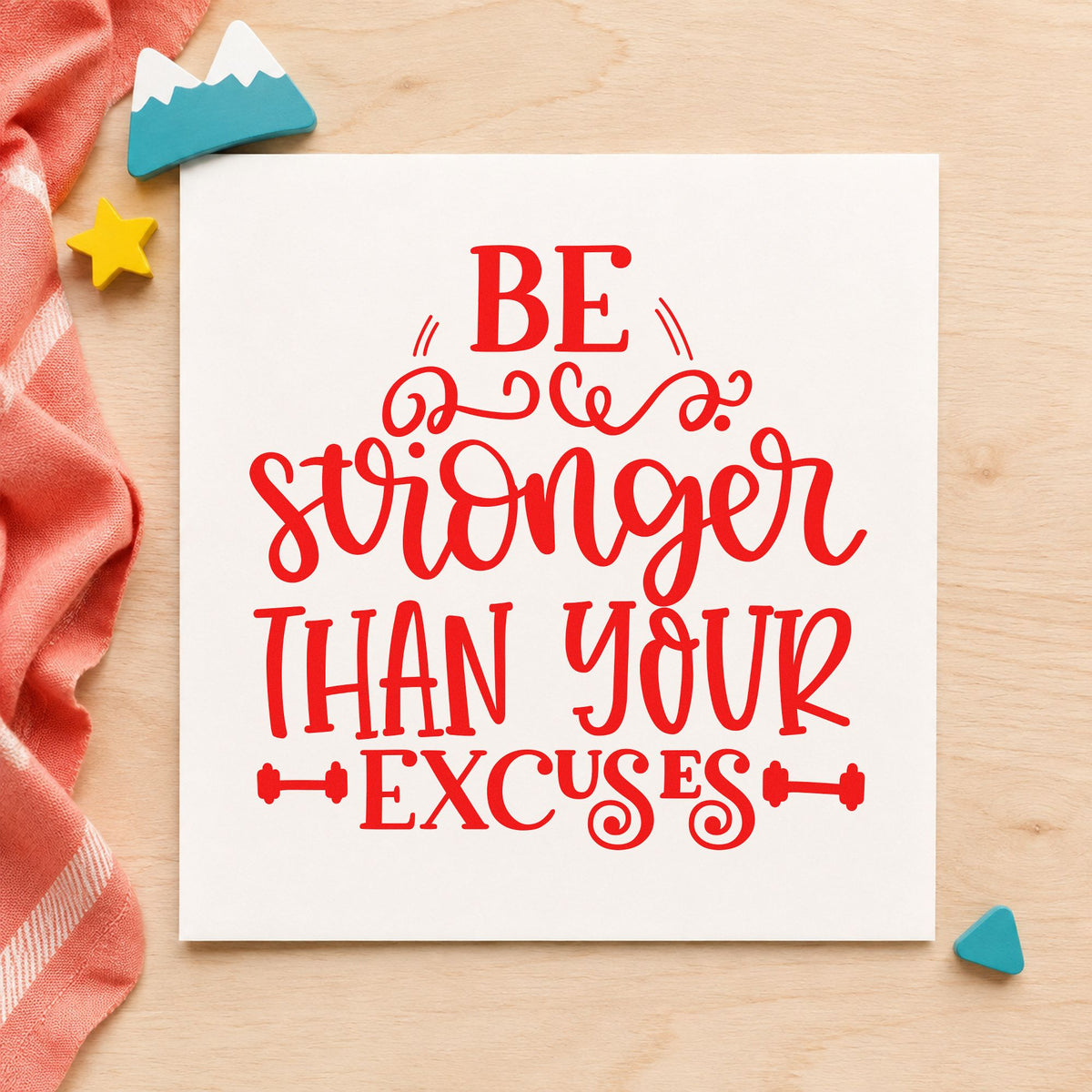 Stronger Than Your Excuses craft stamp imprint in red ink on a handmade project, one idea being session log cards.