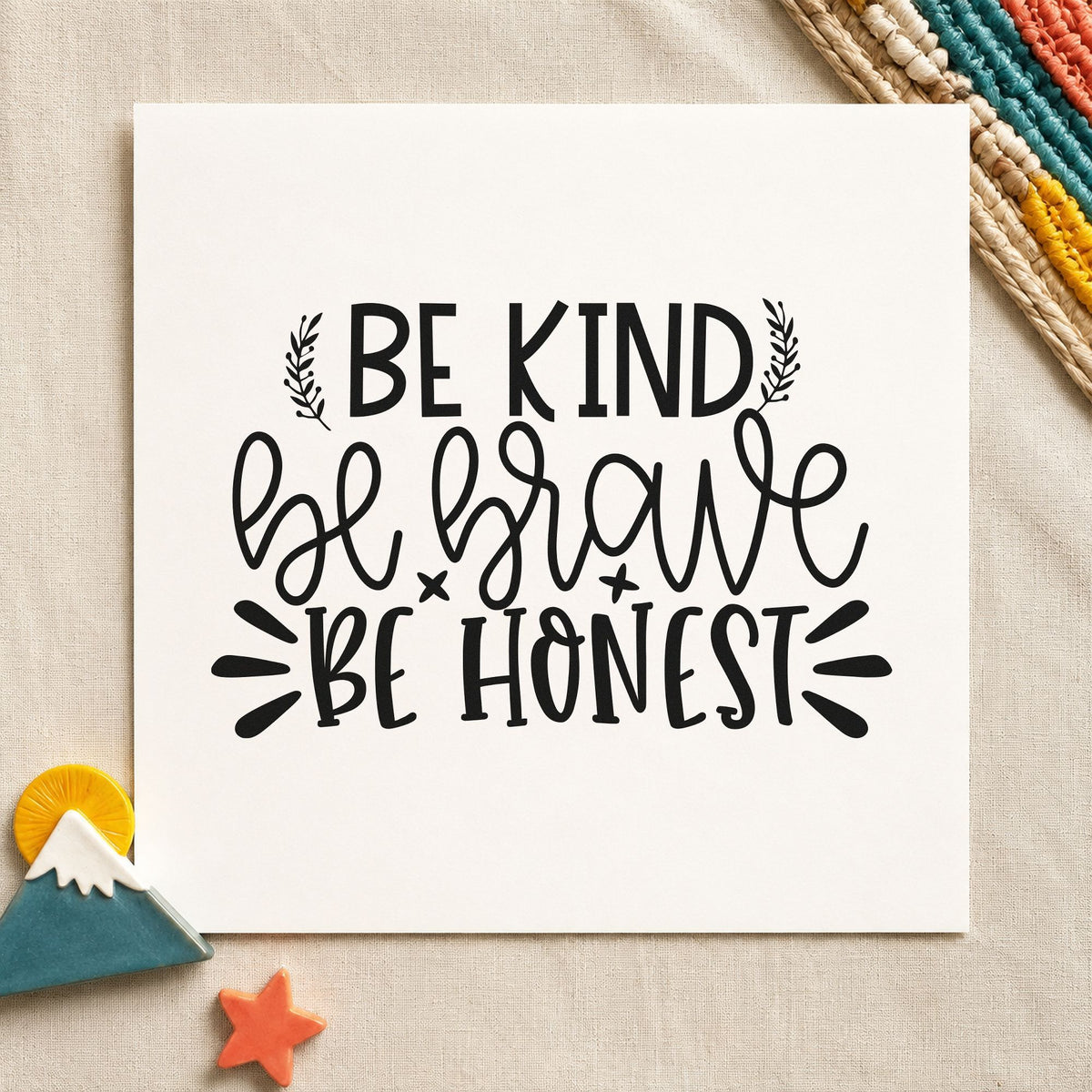Be Kind Brave Honest rubber stamp printed in black ink, ready for badge progress sheet and similar paper crafts.