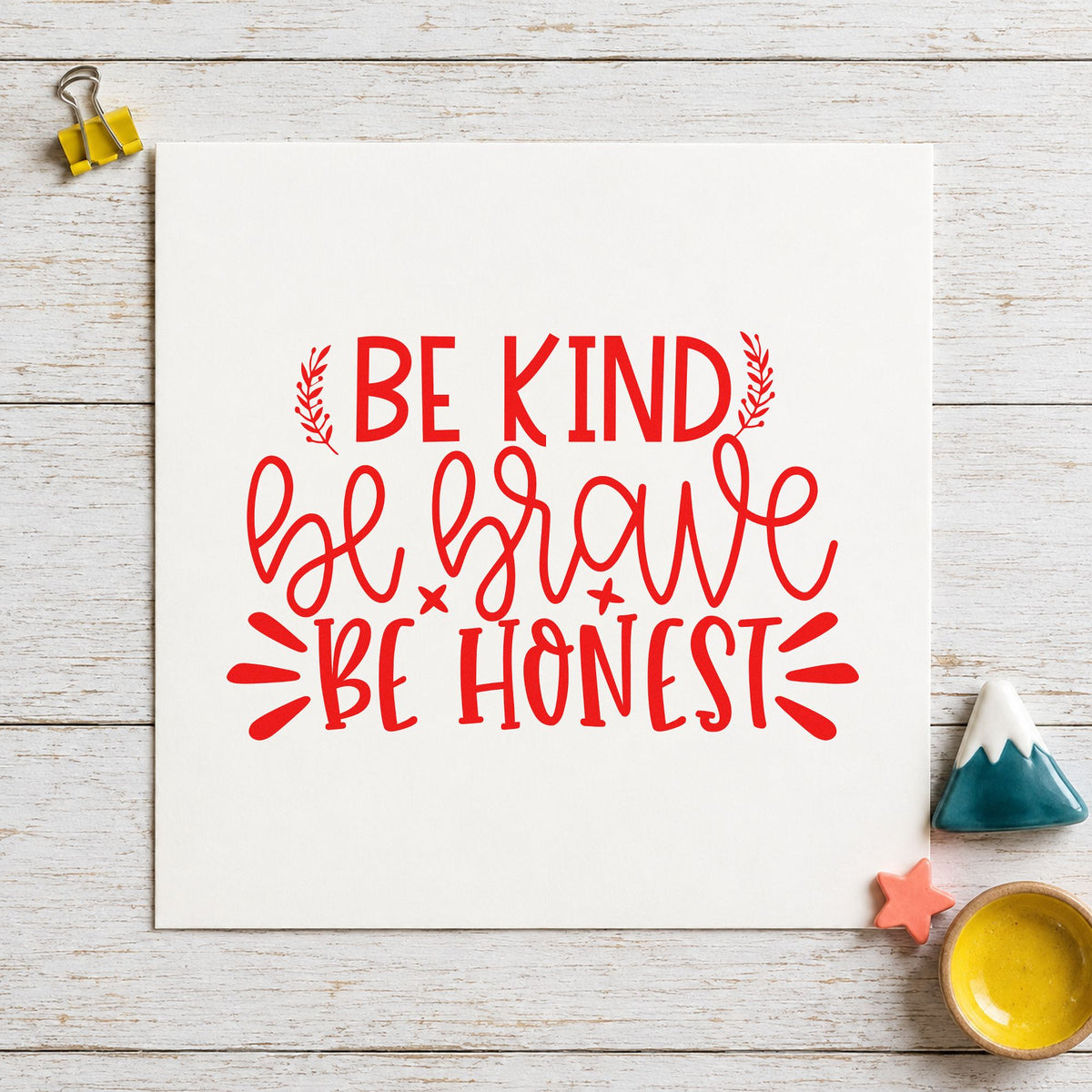 Be Kind Brave Honest craft stamp imprint in red ink on a handmade project, one idea being good turn cards.
