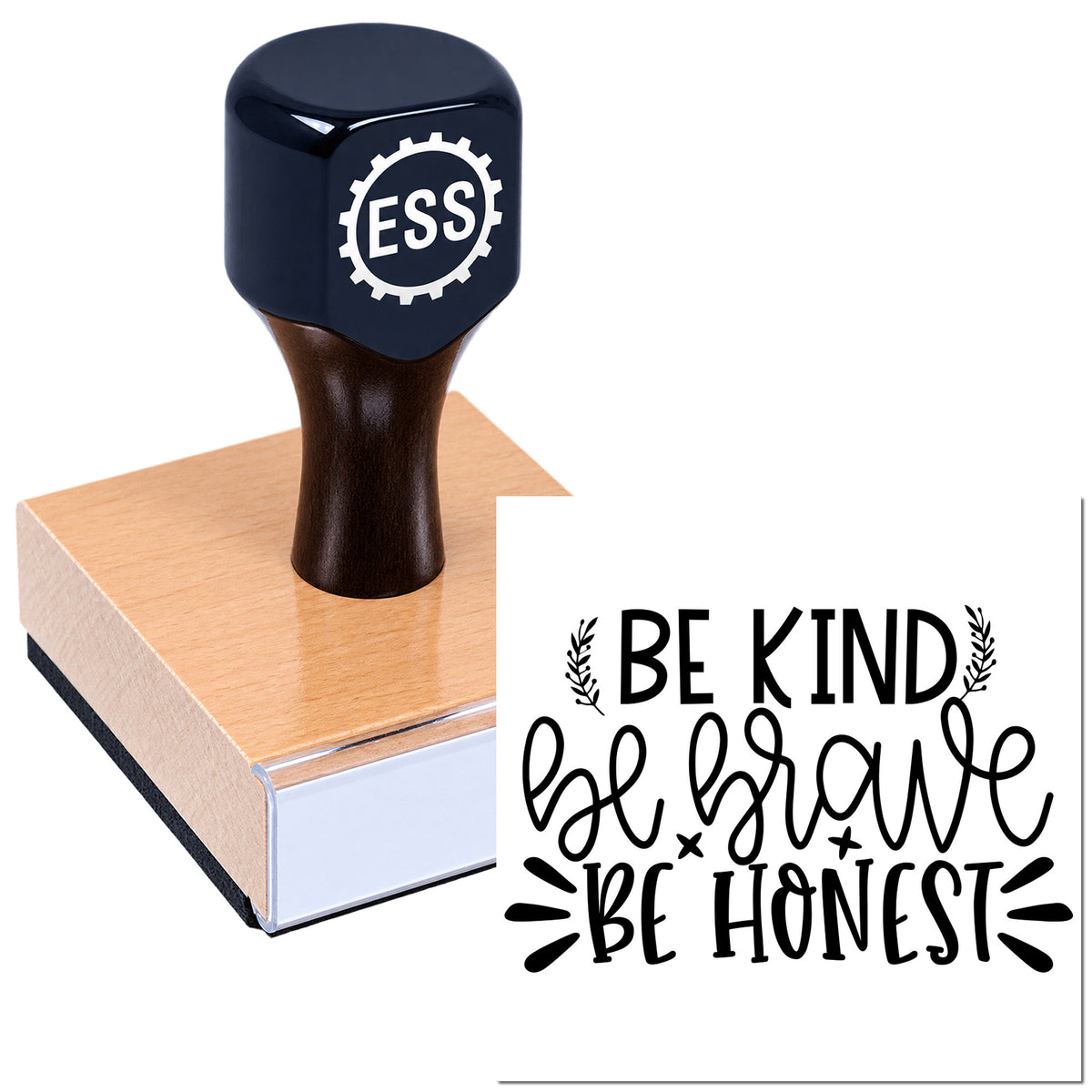 Dark navy ESS custom stamp and seal on rose-gold block beside a white seal with black "Be Kind, Be Brave, Be Honest" text.