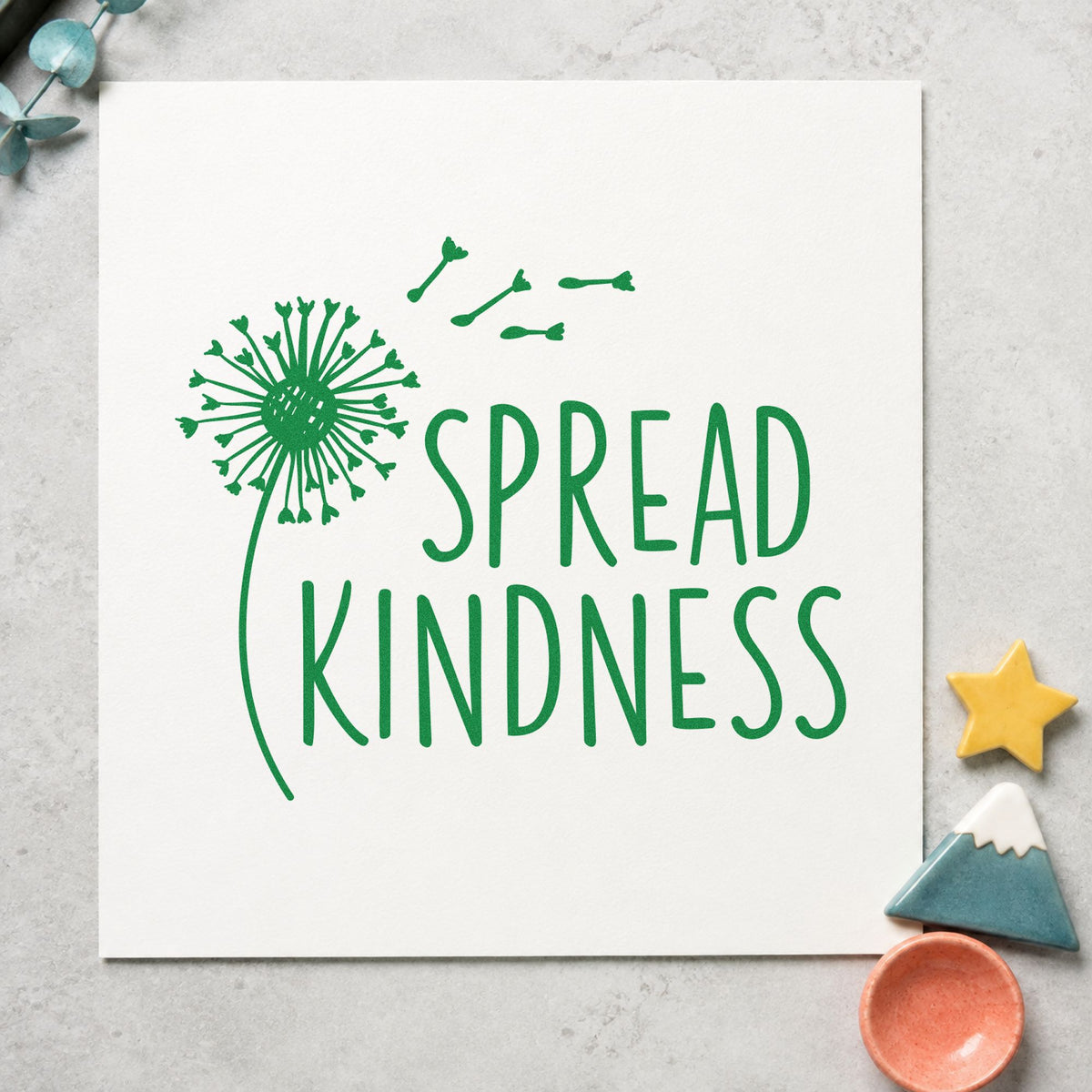 Spread Kindness Dandelion Seeds craft stamp in green ink on cardstock, an easy option for meadow album page.