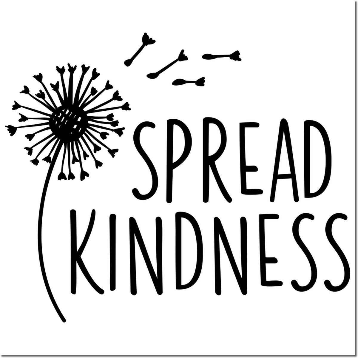 Black dandelion stamp design with Spread Kindness text, a round seal-style floral graphic on a white background.