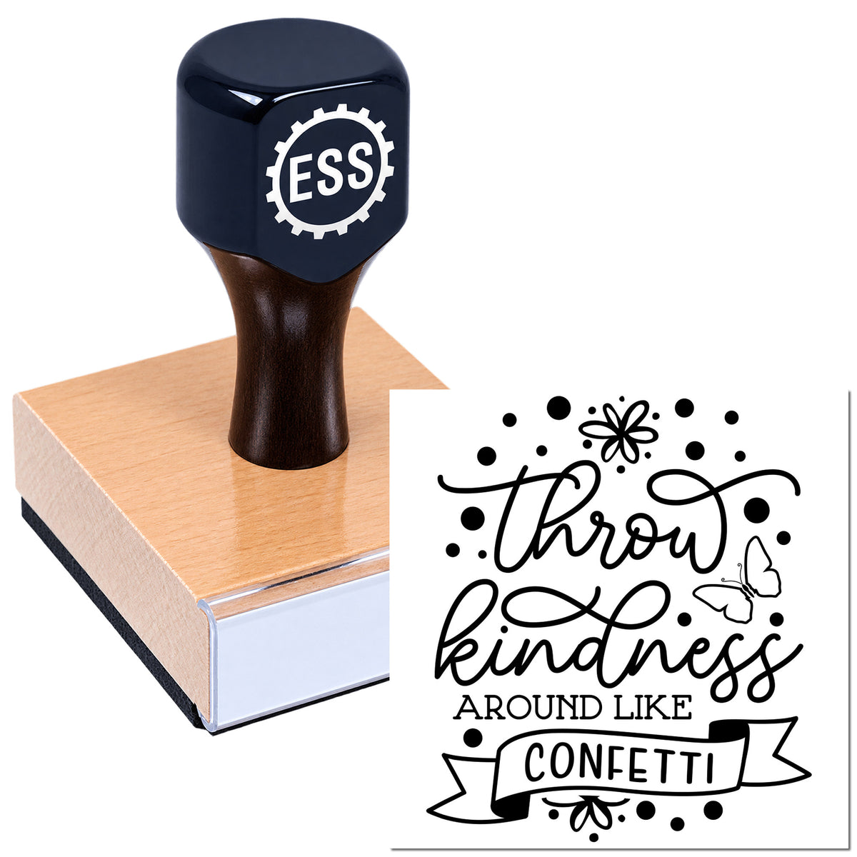 Black ESSI rubber stamp on a pink seal block with a black "Throw kindness around like confetti" design and butterflies.