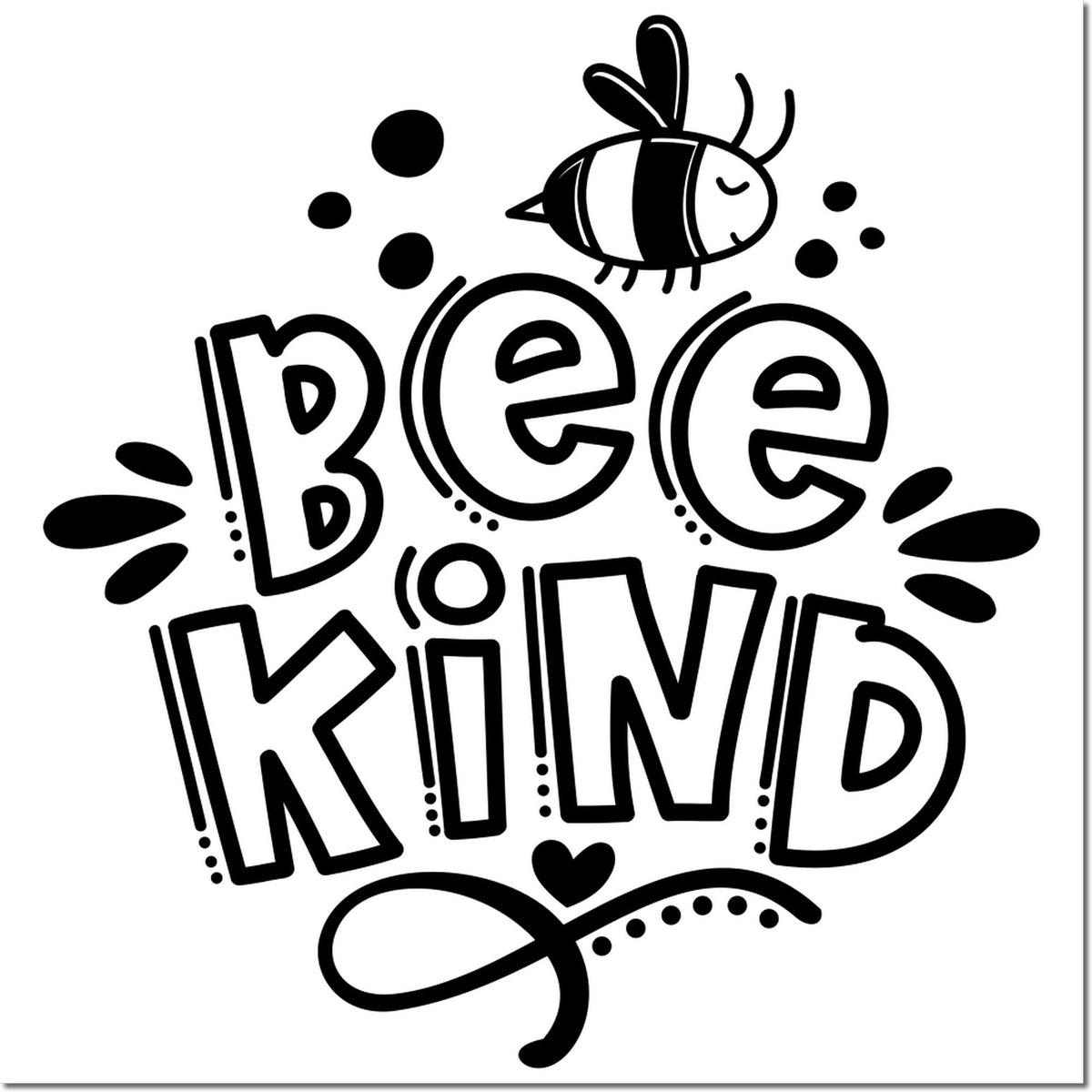 Black-and-white Bee Kind stamp seal with playful lettering, bee icon, heart, and dot accents.