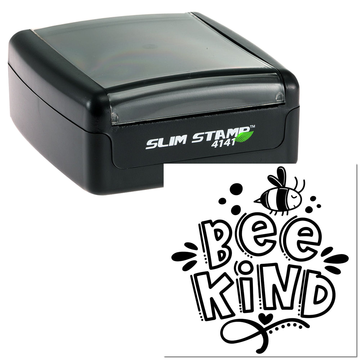 Black slim self-inking stamp with clear cover and Bee Kind bee seal design.