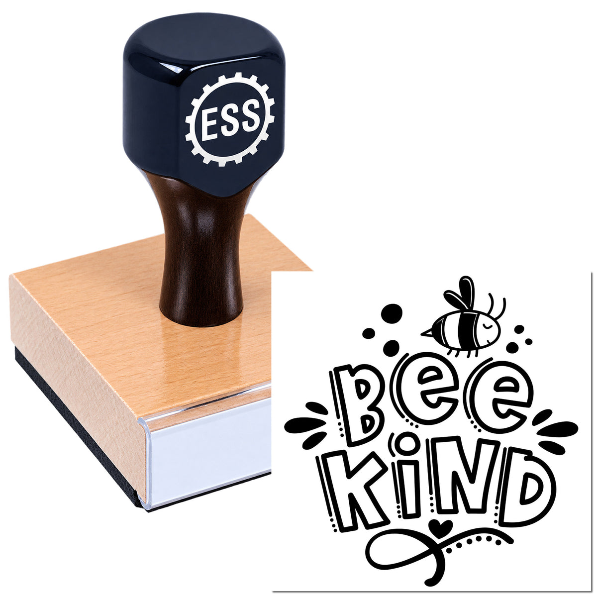 Rubber stamp with ESS logo and Bee Kind seal design, black ink on a pink wooden block