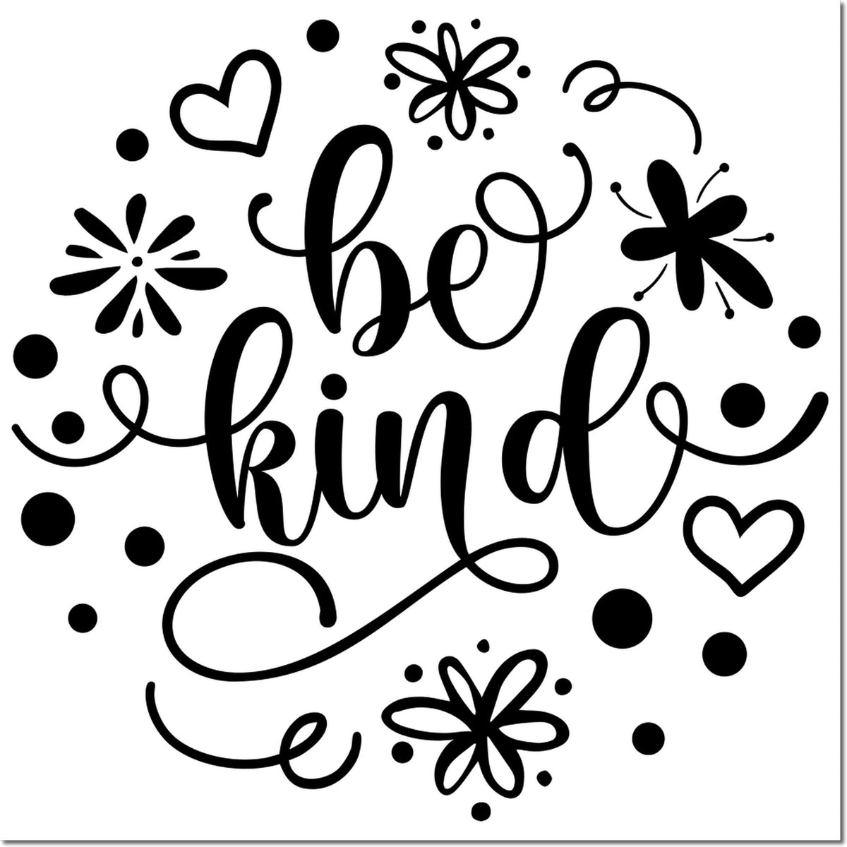 Black be kind stamp and seal design with hearts, flowers, and dots on a white background
