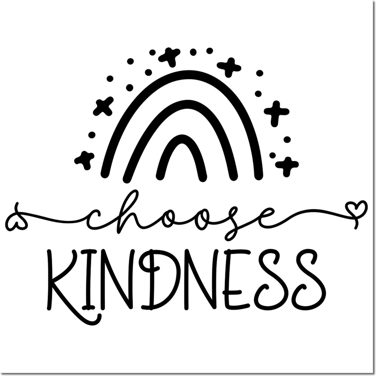 Black choose kindness rainbow stamp seal with stars and hearts on white background.