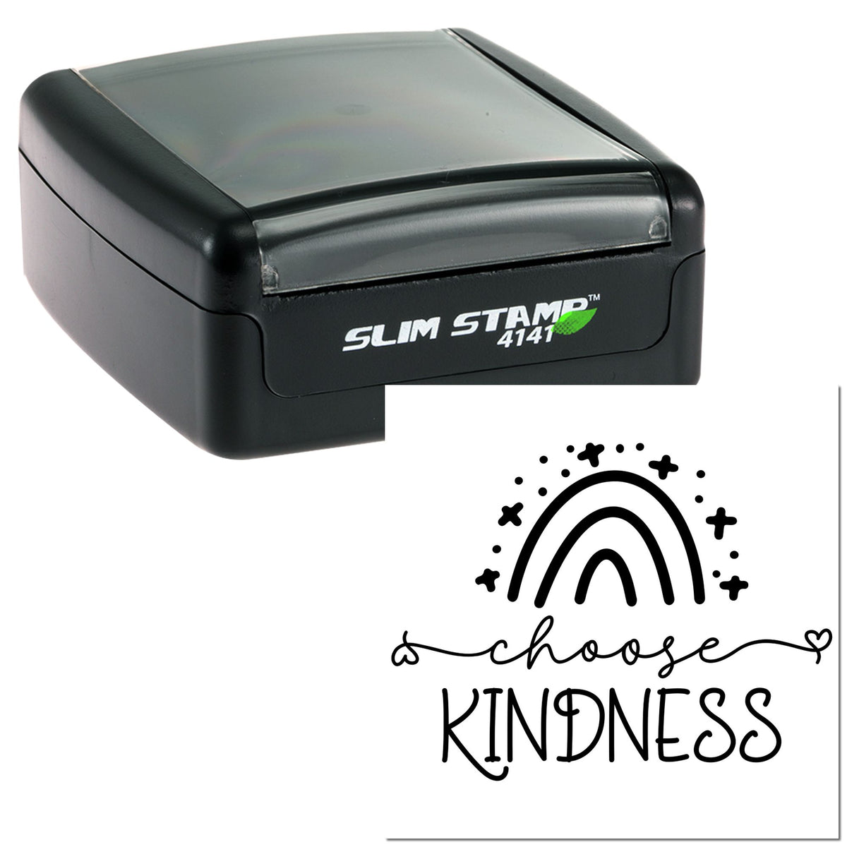 Black Slim Stamp 4141 with gray top and custom seal design showing rainbow and choose kindness in black.