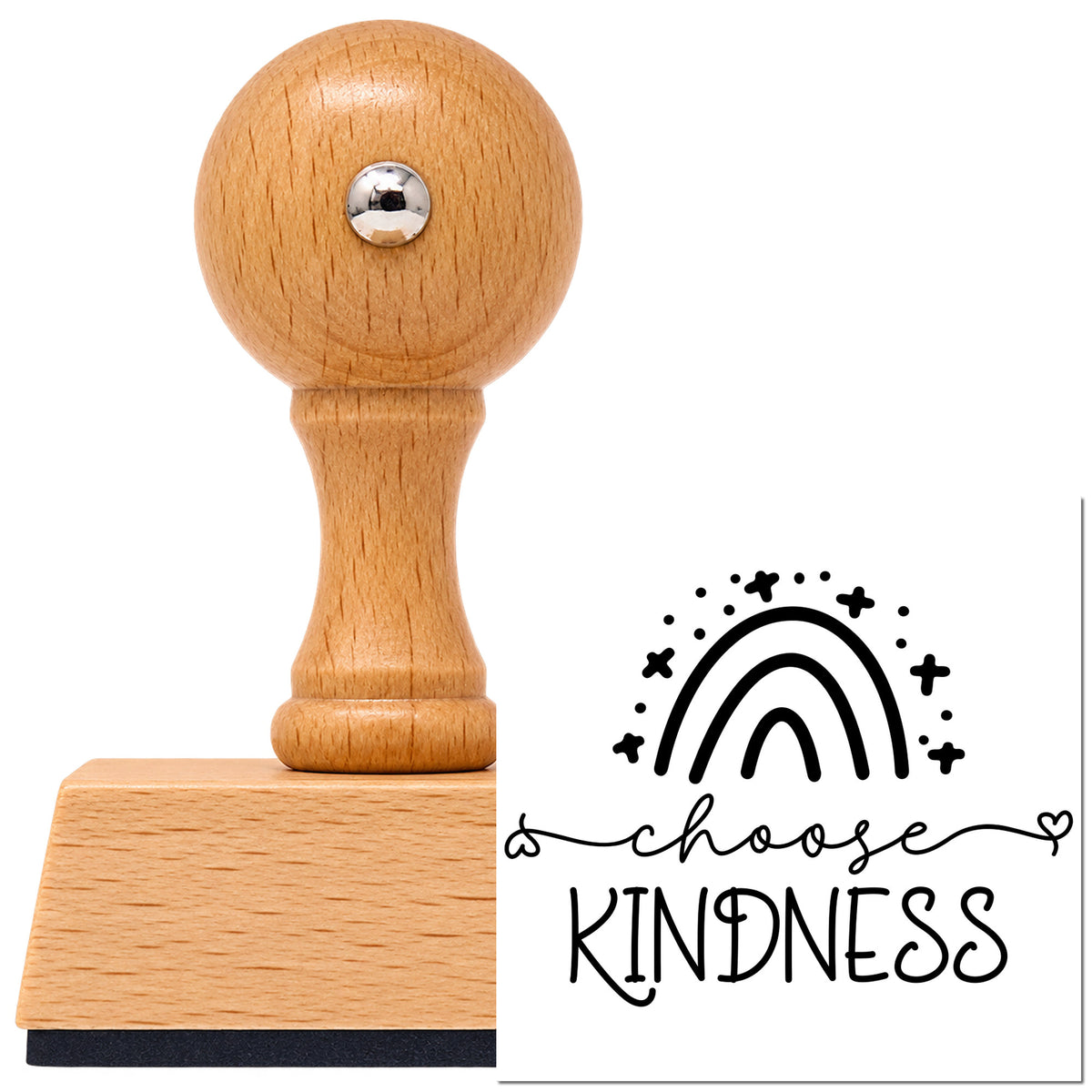Vintage Pro beech wood stamp with a round knob handle, shown with its black Choose Kindness Starry Rainbow With Hearts imprint on white.