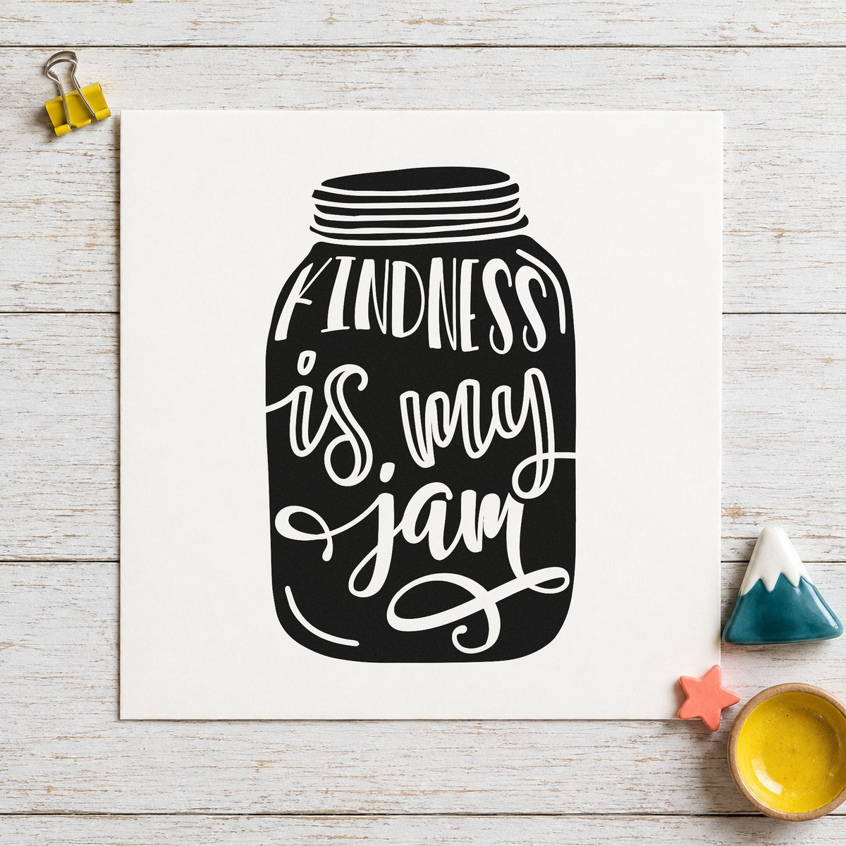 Kindness Is My Jam Jar craft stamp in black ink on cardstock, an easy option for jam night album page.