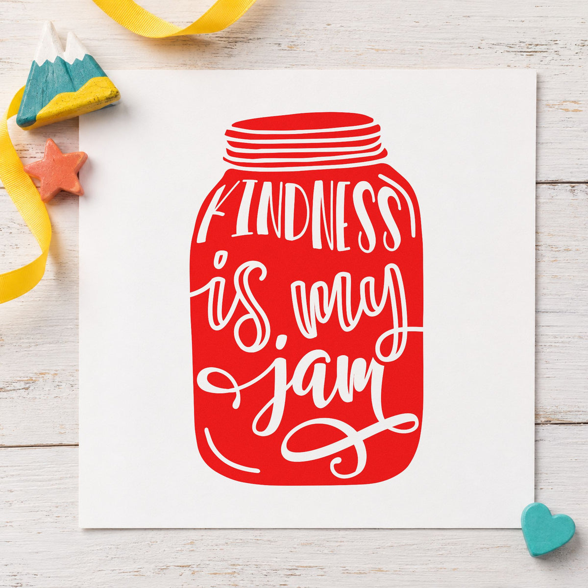 Kindness Is My Jam Jar rubber stamp shown in red ink, stamped for projects such as case cable labels.
