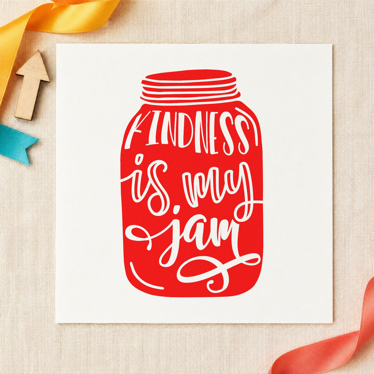 Kindness Is My Jam Jar craft stamp imprint in red ink on a handmade project, one idea being song request cards.