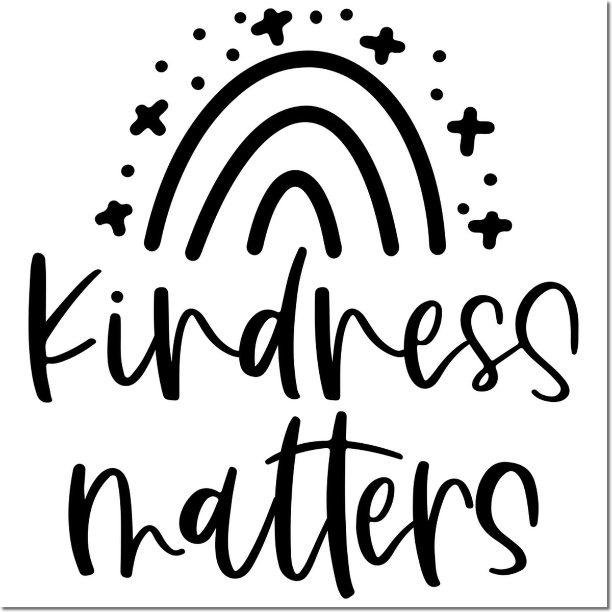 Black Kindness Matters stamp and seal design with rainbow and sparkles on a white background.