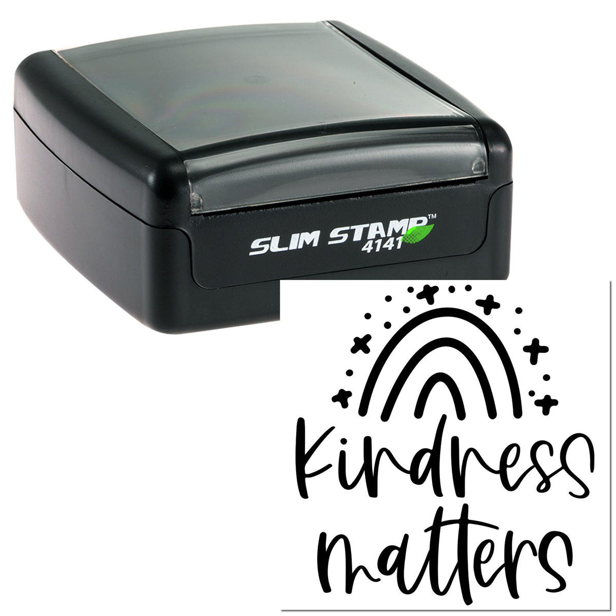 Black slim self-inking stamp with gray cover and Kindness matters seal design on white background.