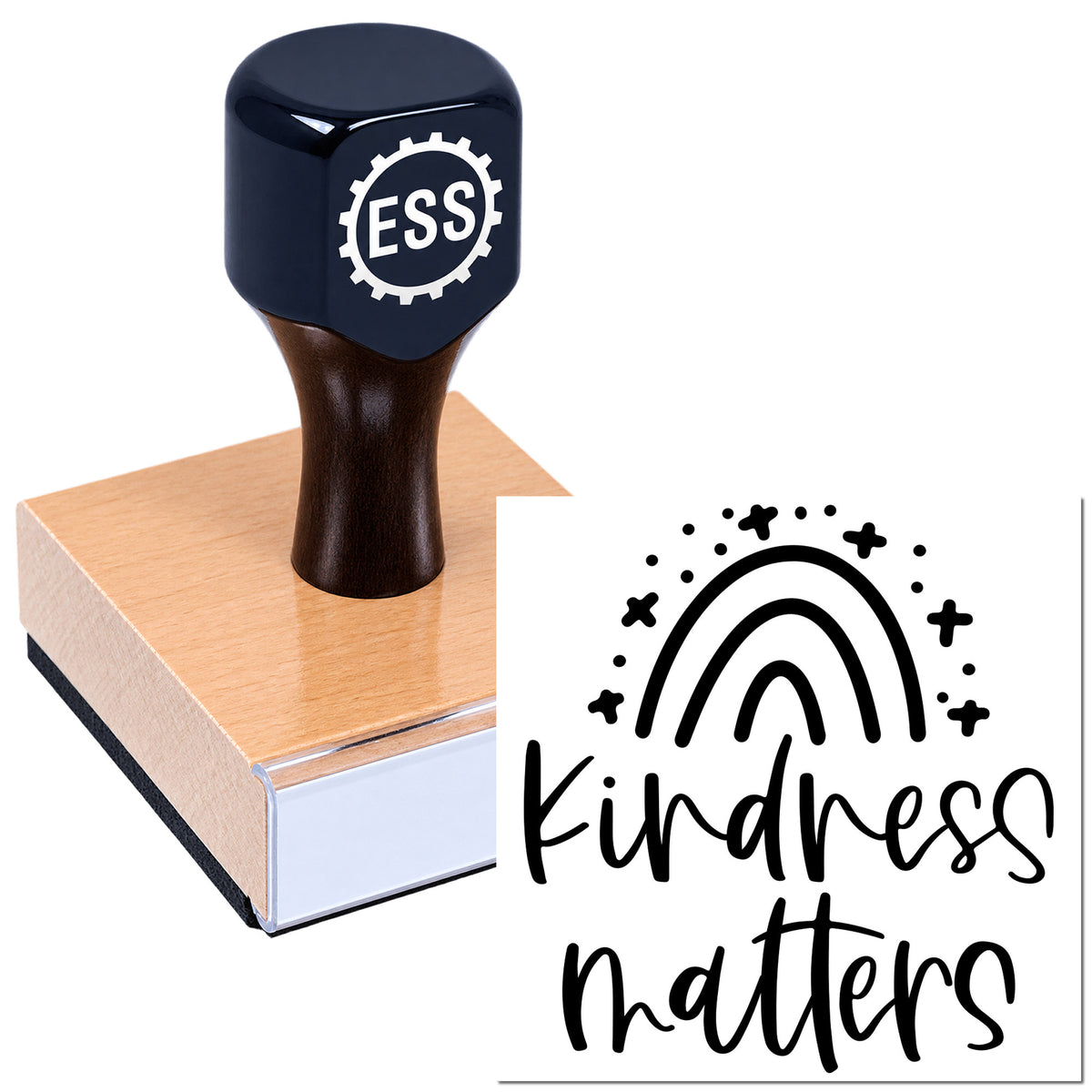 Navy ESS custom stamp on copper seal base with black "Kindness matters" rainbow design and stars.
