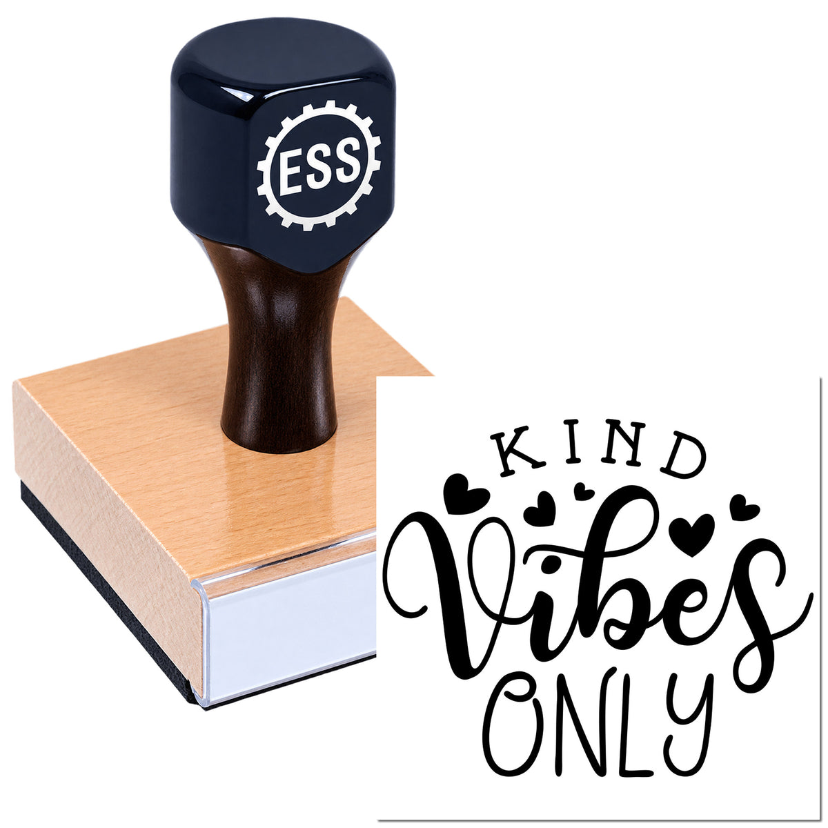 Black ESS custom stamp and seal on brown pad with "Kind Vibes Only" text and heart icons