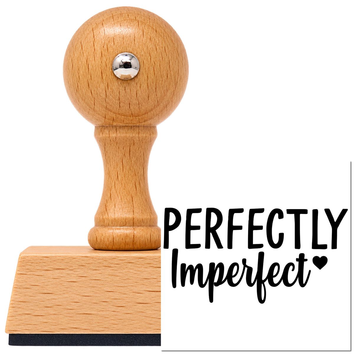 Vintage Pro beech wood stamp with a round knob handle, shown with its black Perfectly Imperfect imprint on white.