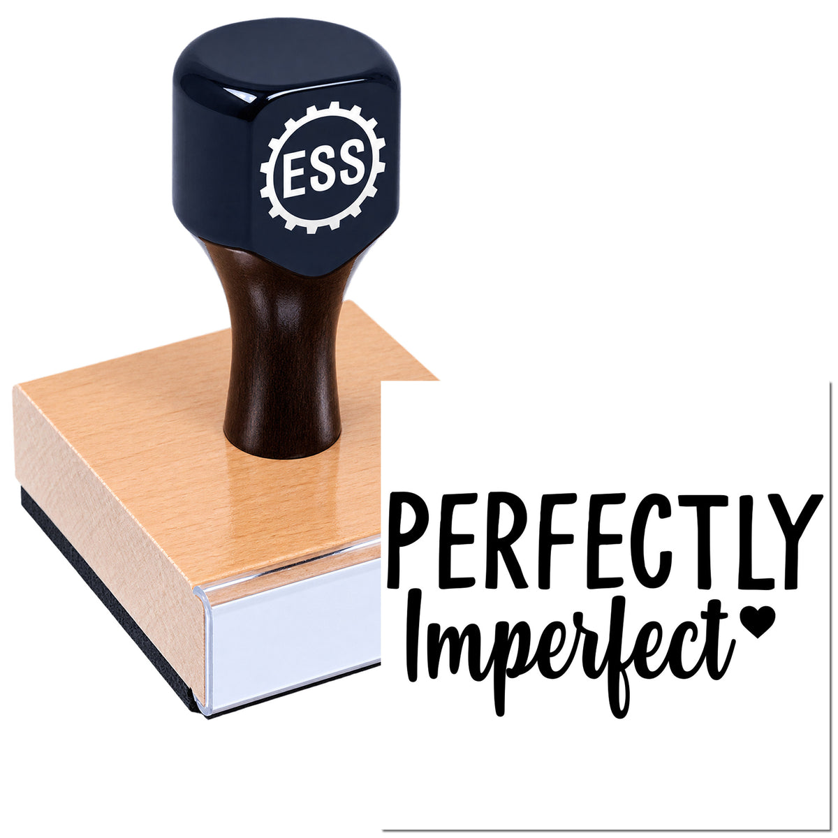 Black ESS rubber stamp and seal on copper base with "Perfectly Imperfect" text.
