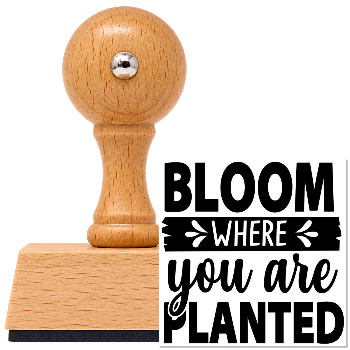Vintage Pro beech wood stamp with a round knob handle, shown with its black Bloom Where You Are Planted Leaf Accents imprint on white.