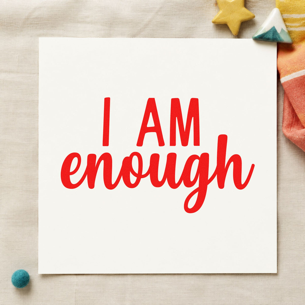I Am Enough Lettering rubber stamp shown in red ink, stamped for projects such as bin craft labels.
