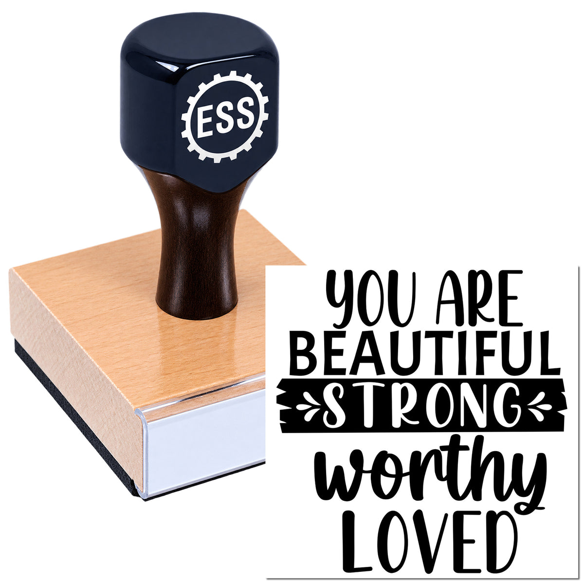 Black rubber craft stamp from ESS featuring empowering affirmation art note card design on a wooden handle.