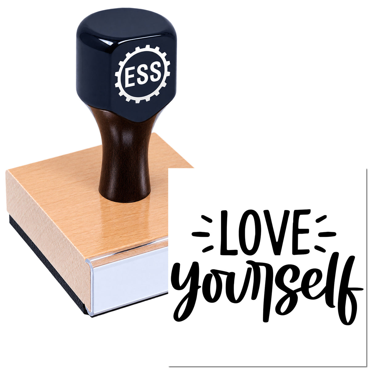 Black ESS custom stamp and seal on copper-toned wooden block beside bold "LOVE yourself" text on white background.