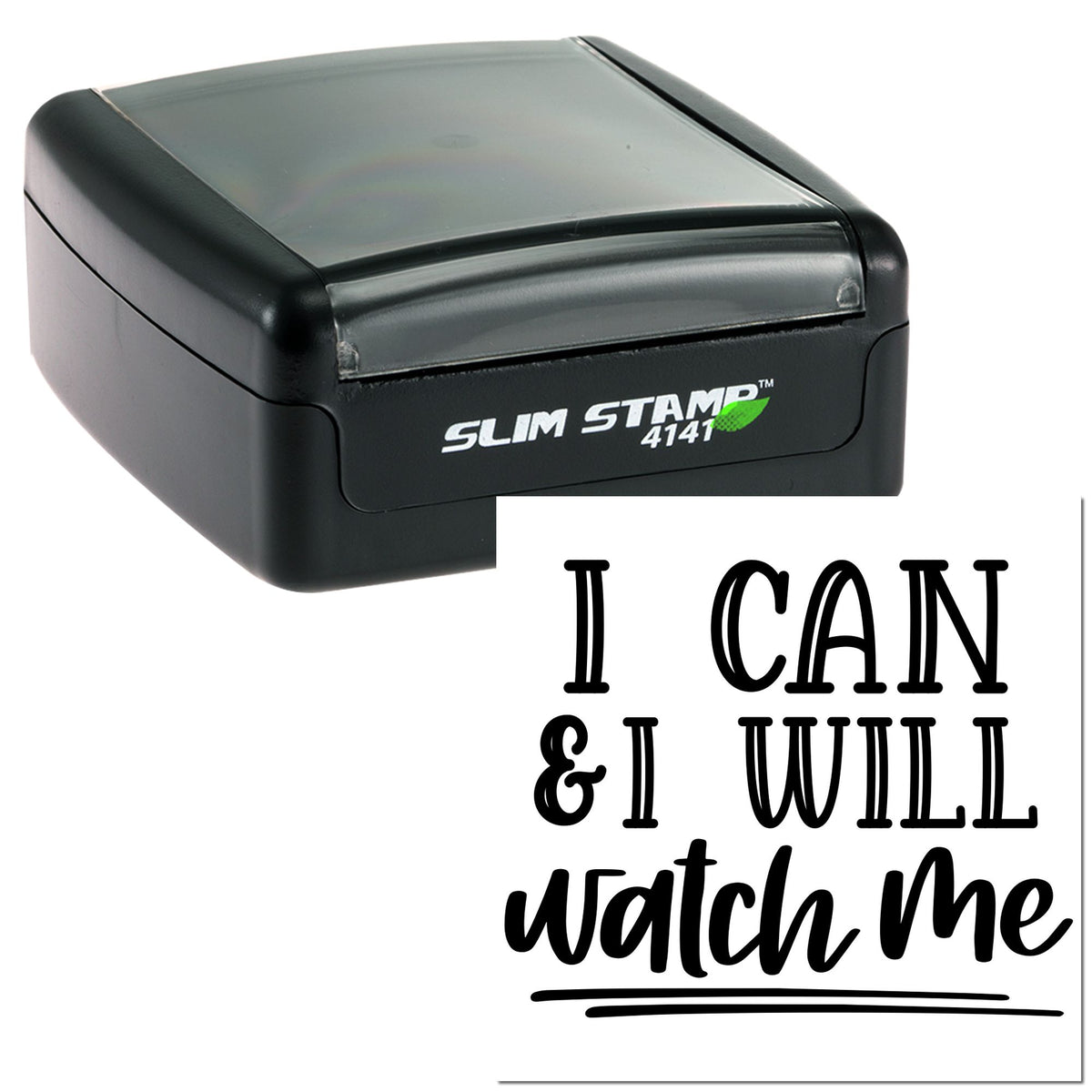 Trodat Slim Watch Me Mini Card Pre-Inked Craft Stamp in black, featuring a compact design for personalized stamping projects.