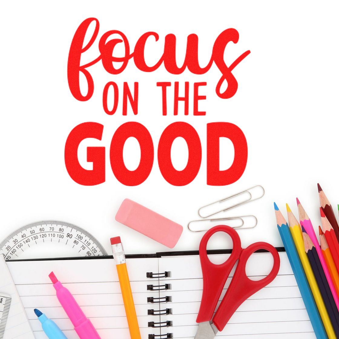 Red Focus on the Good stamp and seal design with school supplies, scissors, pencils, ruler, eraser, and paper clips.