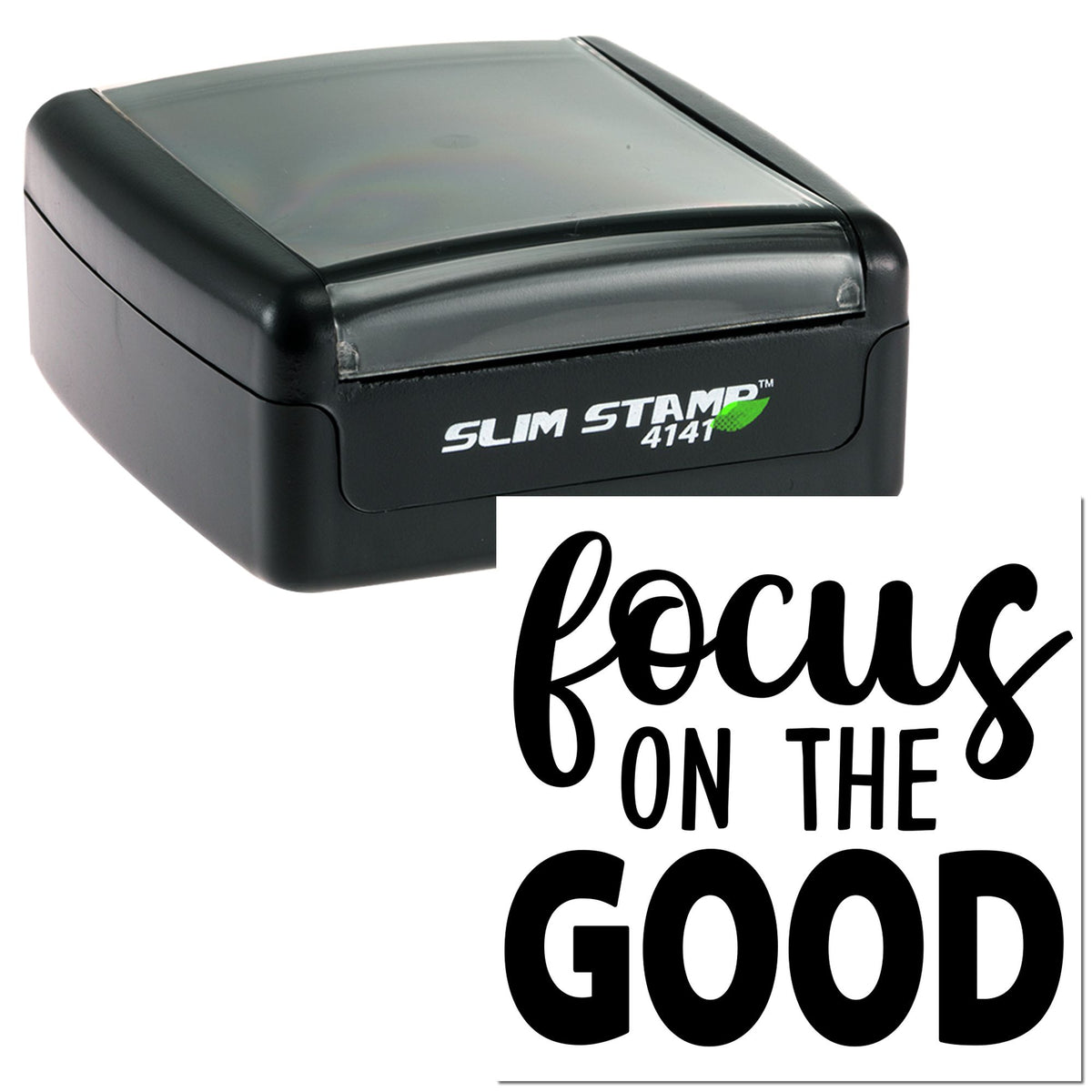 Black Slim Stamp 4141 self-inking stamp and seal with clear focus on the good impression in bold black script.