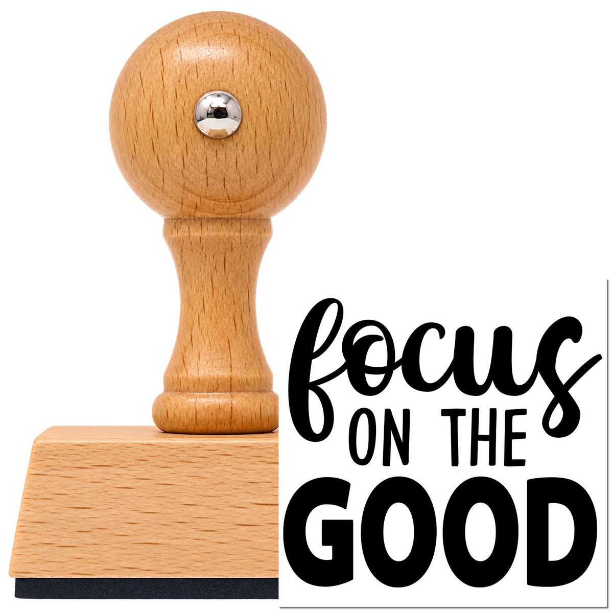 Vintage Pro beech wood stamp with a round knob handle, shown with its black Focus On The Good Brush Lettering imprint on white.