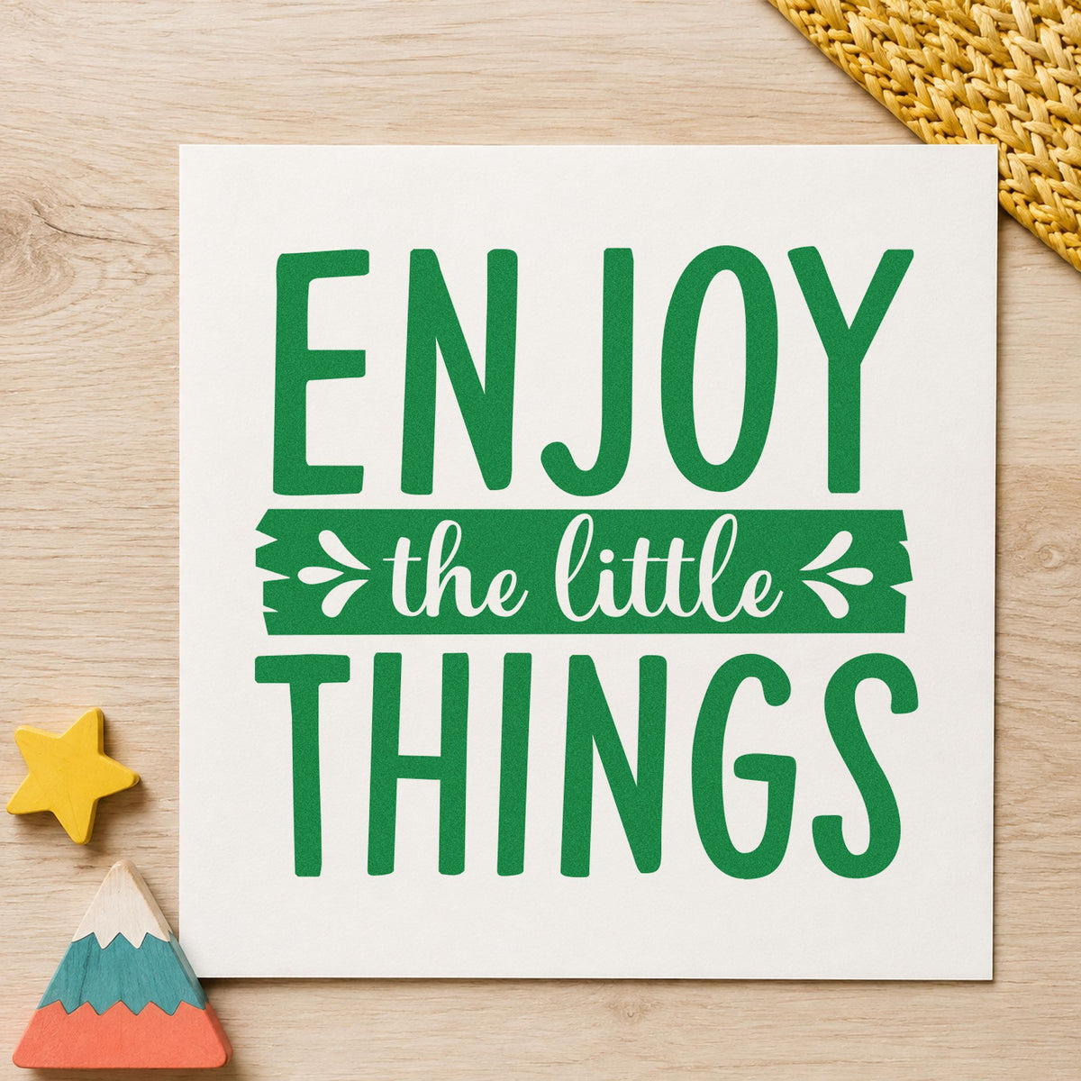 Enjoy The Little Things Banner craft stamp in green ink on cardstock, an easy option for feeder album page.