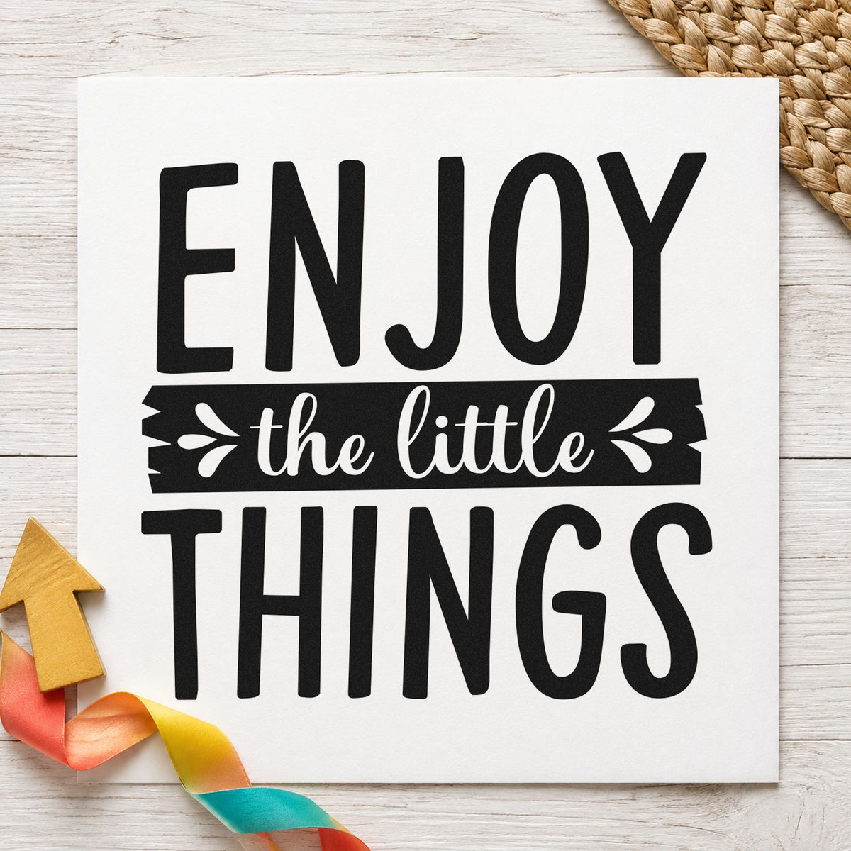 Enjoy The Little Things Banner craft stamp imprint in black ink on a handmade project, one idea being seed blend gift tags.