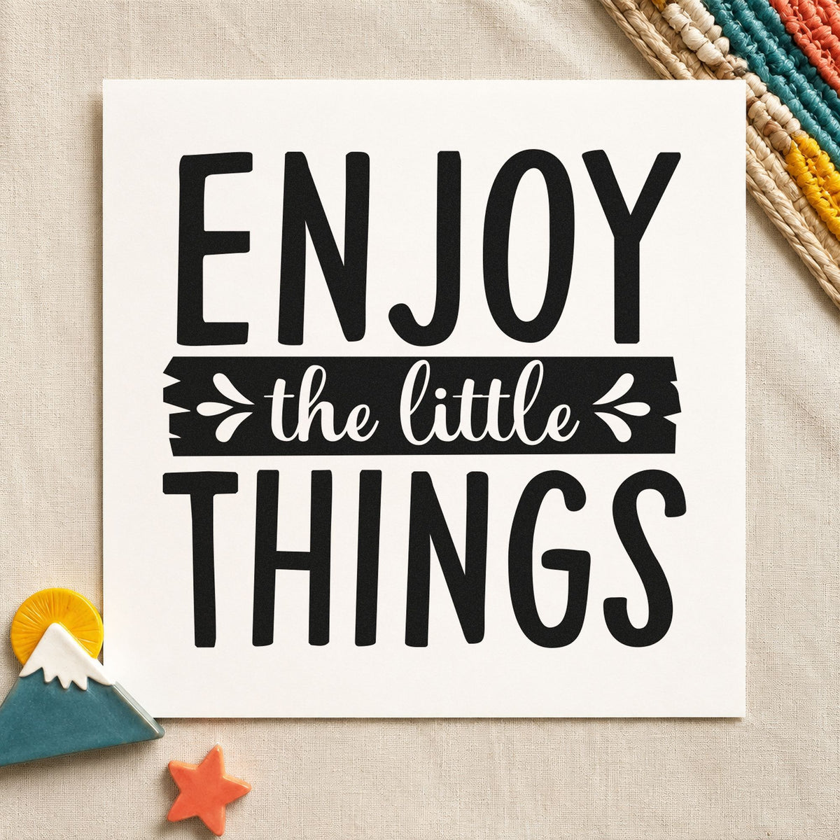 Enjoy The Little Things Banner rubber stamp printed in black ink, ready for sighting log sheet and similar paper crafts.