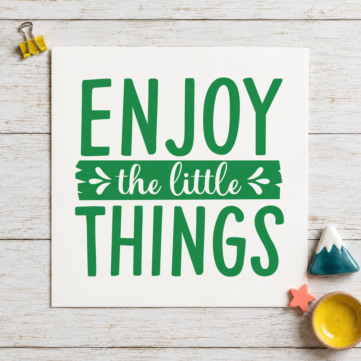 Enjoy The Little Things Banner craft stamp imprint in green ink on a handmade project, one idea being bird list cards.