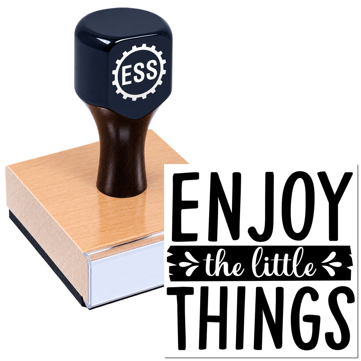 Dark navy ESS rubber stamp on a copper seal pad with "ENJOY the little THINGS" design.